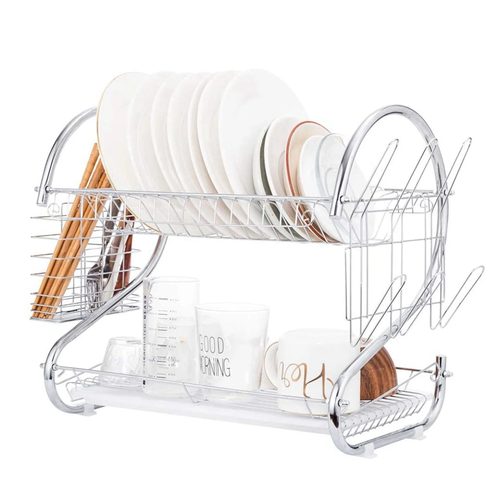 2 Layer Dish Drying Rack Kitchen Drainer Holder Plates Cup Bowl Shelf Basket Storage Organizer with Chopsticks | Дом и сад