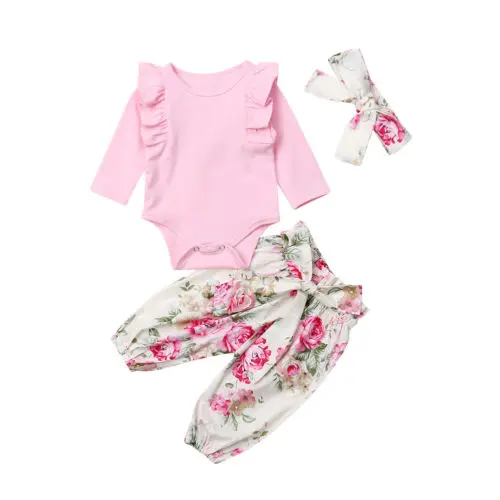 

0-24MSpring Autumn Two-piece long-sleeved top and trousers Toddler Baby Girl Tops Romper Floral Pants Headband Outfits Set