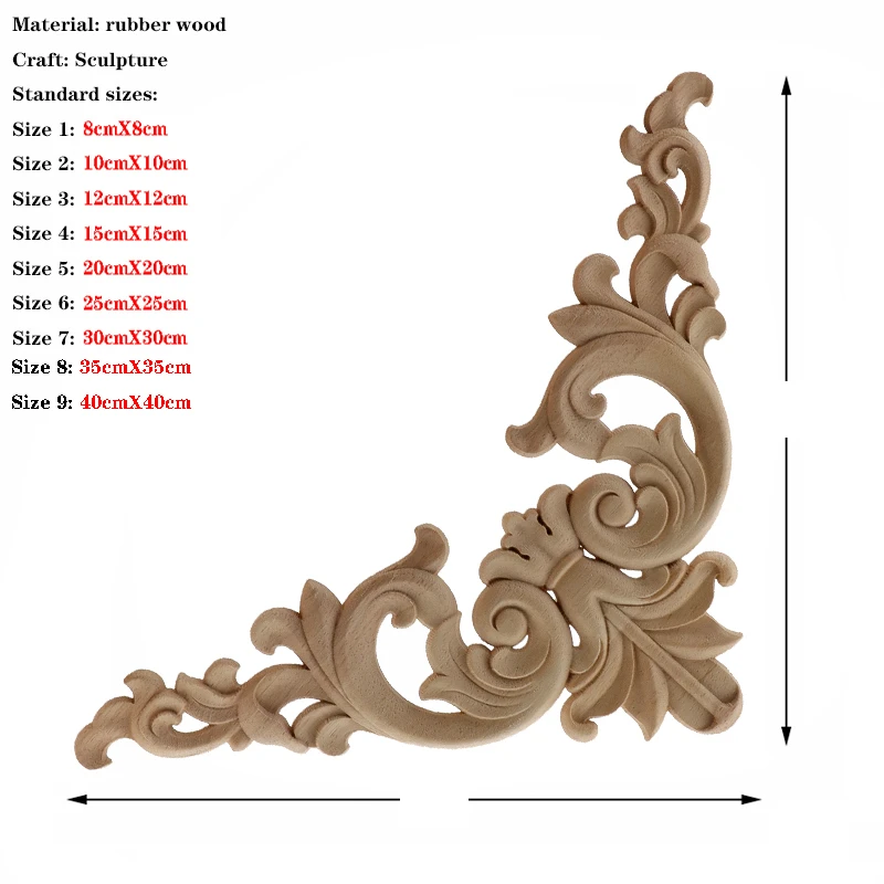 Ornament Crafts Wooden Figurine Crafts Solid Wood Applique Carved Mouldings Furniture Vintage Home Horn Flower 4PCS