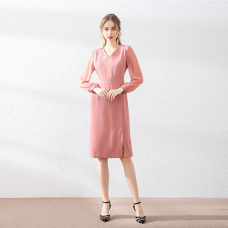 pink Платье размера XXXL Vestidos De Festa осенние модные вечерние женские коктейльные платья с v-образным вырезом и цветочной вышивкой с длинным рукавом Розовые черные платья - Цвет: pink