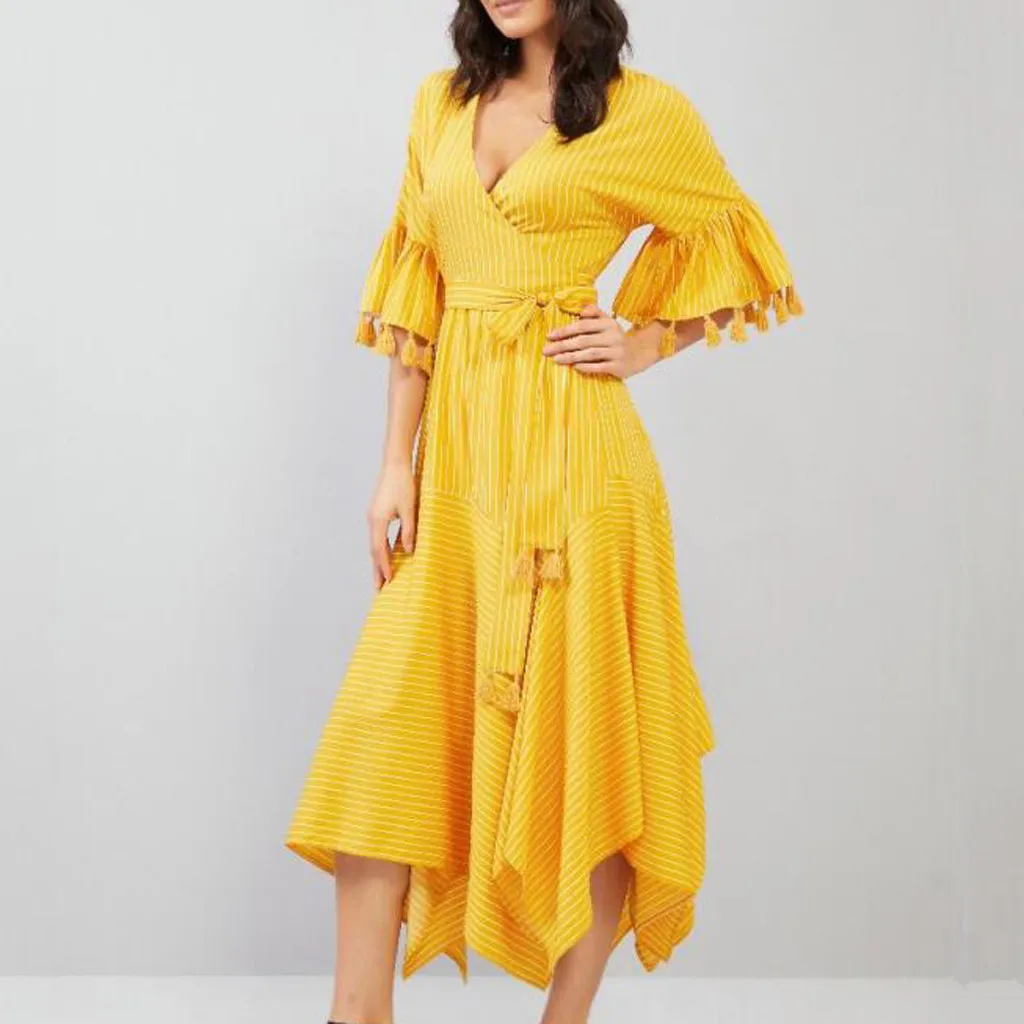 Элегантное летнее пляжное платье с кисточками Modis женское повседневное свободное однотонное платье с v-образным вырезом и длинным рукавом А-силуэта с карманами Хлопковое платье-рубашка Jurken# B