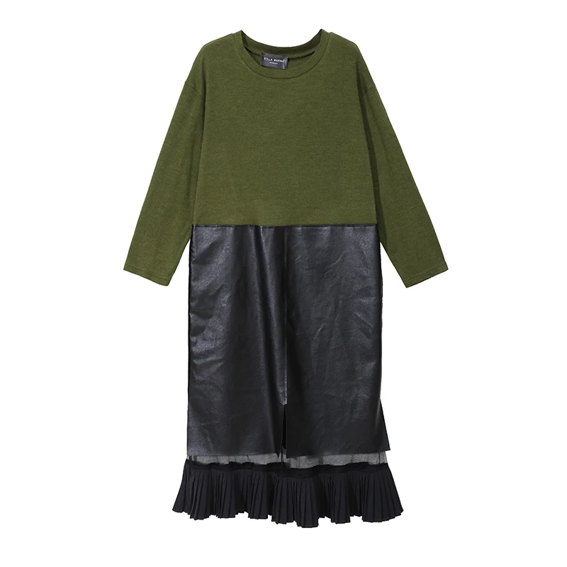 Корейский стиль, женское черное зимнее платье, длинный рукав, плиссированный подол, искусственная кожа, пэтчворк, женские элегантные длинные платья для вечеринок 5502 - Цвет: Green 5502