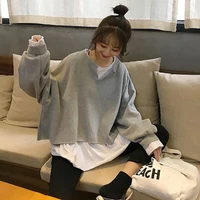 Chic Fake Two Pieces Hoodies Women Preppy Style Oversize Spring Autumn Pullovers Korean Casual Sweatshirt Fashion Brand New