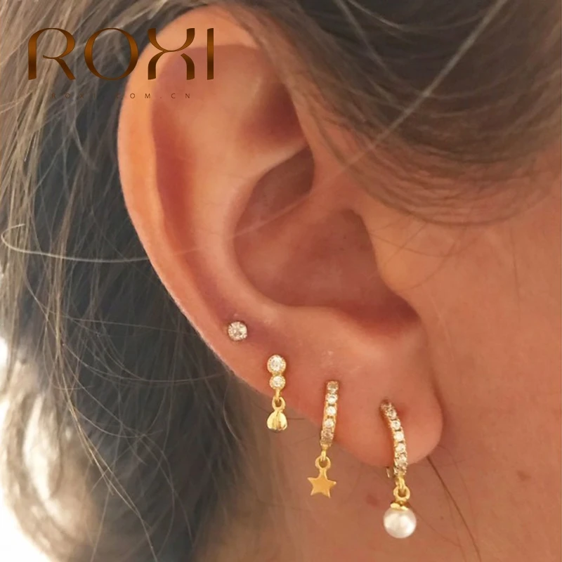 ROXI 925 Sterling Silver Pearl Pendientes Drop Earrings for Women Brincos Hoop Round Zircon Crystal Jewelry Kolczyki Earing