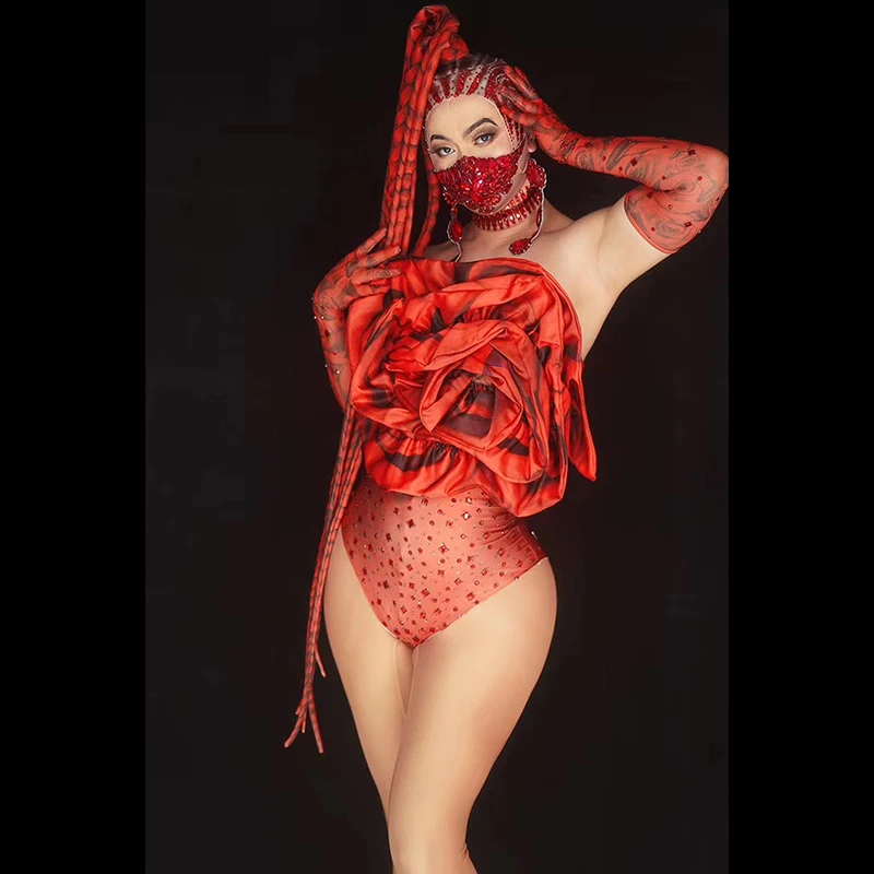 

Stereoscopic red rose print jumpsuit for men and women stage performance bar DJ singer/dancer costume