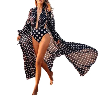 

Women Summer Cover ups Bathing Suit Polka Dots Print Loose Cardigan Tops Sexy Beachwear Swimsuits Long sleeve Chiffon Cover up