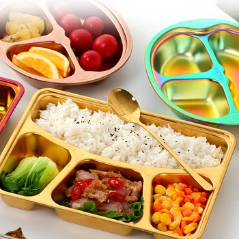 

304 Stainless Steel Non-Magnetic Fast Food Divided Tray Lunch Container Food Dinner Snack Plate With Lid for Kids School Canteen