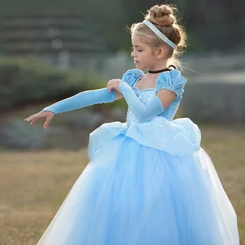 

Girls Cinderella Dress up Cosplay Costumes Kids Puff Sleeve Embroidery Blue Clothes Child Christmas Birthday Princess Dresses
