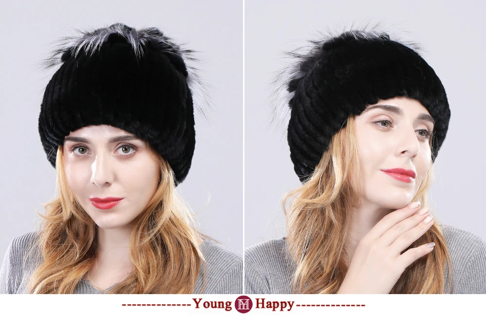 Women Real Rex Rabbit Fur Hats Lady Handmade Knitted Striped Genuine Rex Rabbit Fur Cap Winter Warm Fashion Fur Beanies