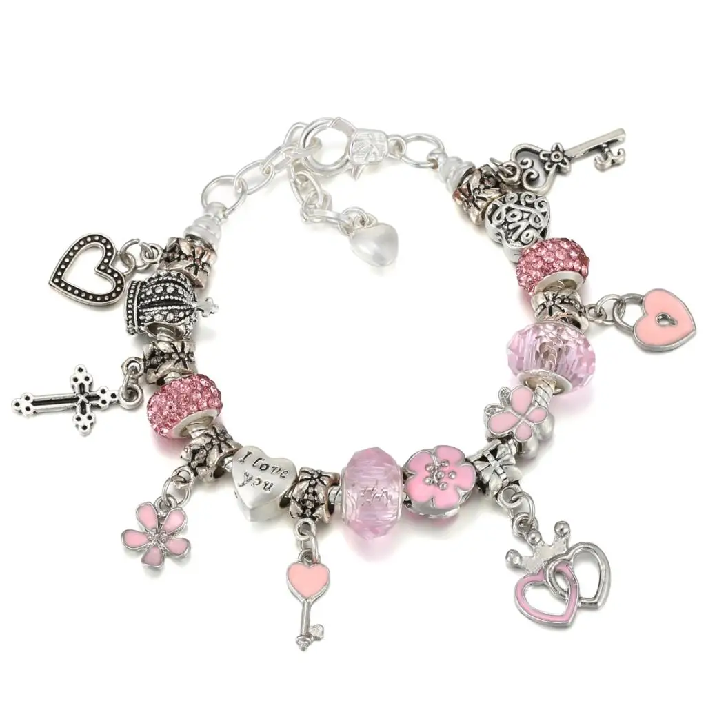 

Women's Pink Crystal Charm, Silver plated Bracelet and Bangle, Murano Beads, Vintage Silver Plated Bracelet, Beaded Jewelry