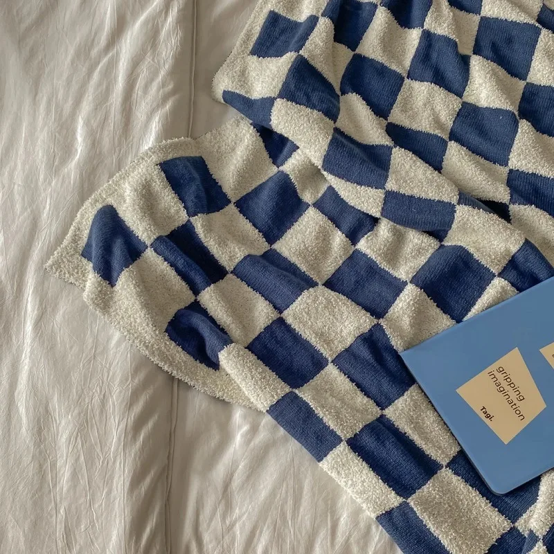 Checkerboard Knit Blanket  Nordic soft waxy knitted single sofa cover thin section air-conditioning small blankets Norway Scandinavia Scandinavian Norwegian Bedding Throws in Blue 