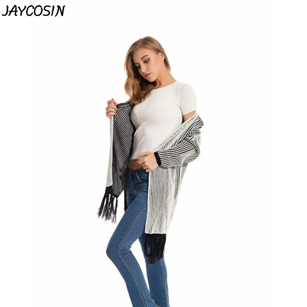 JAYCOSIN, Осень-зима, женские свитера, в полоску, с длинным рукавом, с кисточками, длинный вязаный жакет, кардиган, свитер, пальто, s24