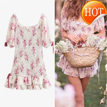 

Layered Boho Inspired Ruffle Women Dress Ruched Beige Floral Party Dress Puff Sleeves Ribbon Ties Chic Summer Dress 2020 New
