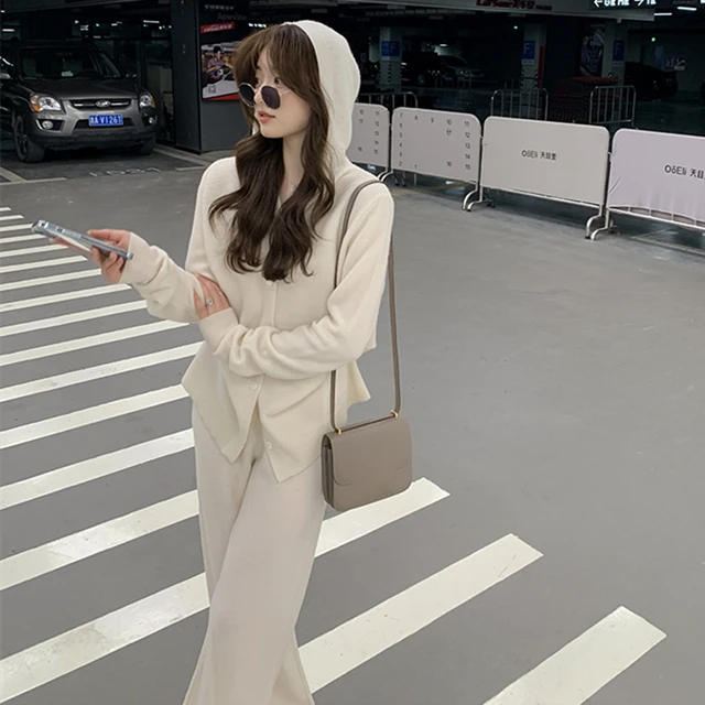 Autumn Winter Casual Knitted 2 Pieces Set Women Hooded Cardigans & Wide Leg Lace-up Knitted Pants Female Sweater Set White