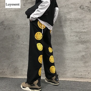 

Funny Smile Face Print Cargo Woman Pants 2020 Unisex Stretch Waist Ankle-Length Hip-hop Long Punk Casual Street Black Trousers