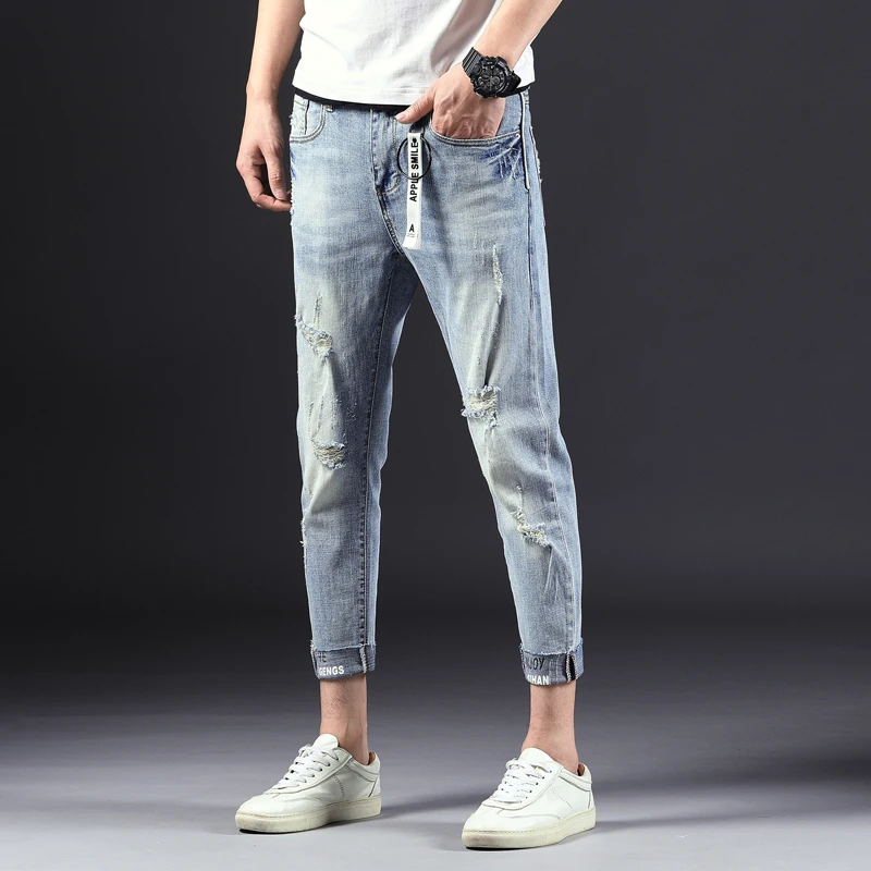 Deals Men Jeans Stretch Destroyed Ripped Men's Mid-rise Tight-leg Stretch Crop Jeans Design Fashion Ankle Zipper Skinny Jeans For Men
