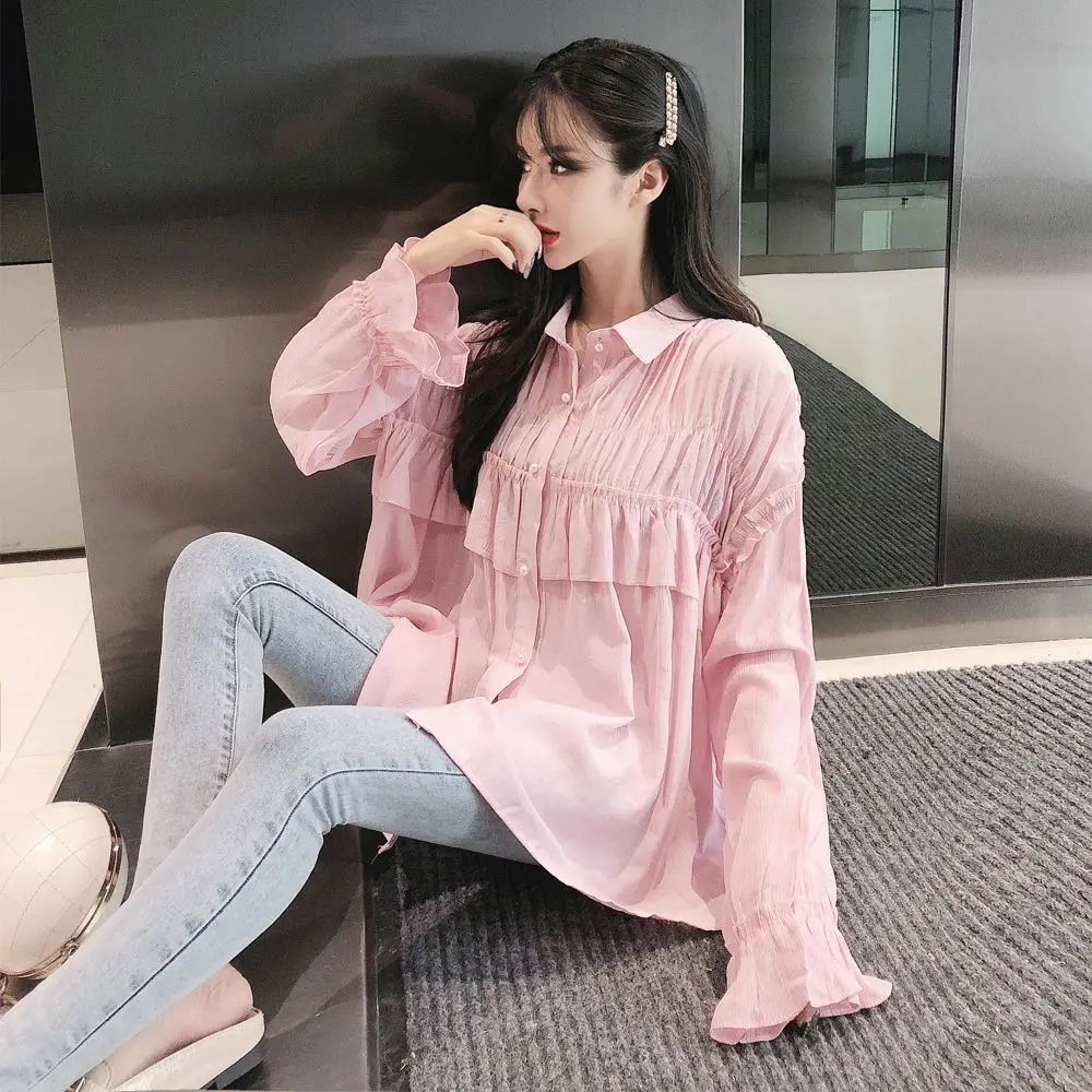 New Autumn Cute Women Shirts Ruffles Full Sleeve Loose Hong Wind Fold Blouse Shirt White Pink 3872