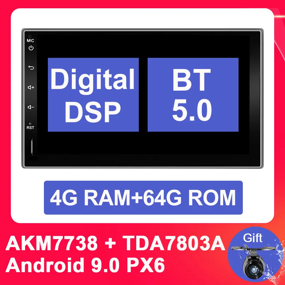 Eunavi 2 Din Android 9 ips универсальный автомобильный Радио Mutimedia стерео плеер gps навигация BT5 DSP 7 дюймов 4 г 64 г DSP TDA7803A без DVD - Цвет: PX6 4G 64G DSP