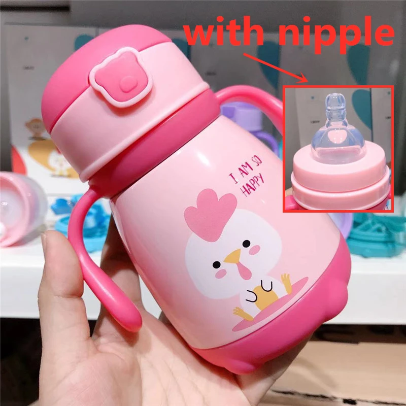 A with nipple Бутылка для воды, соломенная бутылочка для кормления, два способа использования, бутылка для воды для детей, бутылка для кормления из нержавеющей стали - Цвет: A with nipple