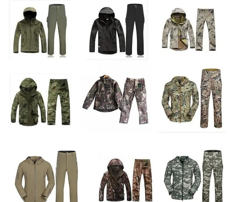 

New Outdoor Shark Skin Hunting Camping Waterproof Windproof Polyester Coats Jacket Hoody Little Softshell Jacket + Pants SA-8