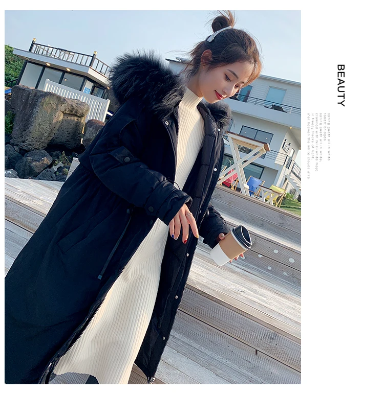 Зимнее пальто для женщин с большим меховым воротником, с капюшоном, Длинная утепленная куртка, Корейская стеганая парка, негабаритная армейская парка V931