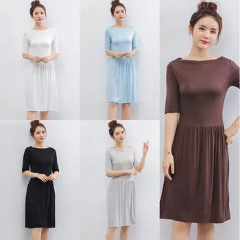 

Women Fashion New Modal Solid Color Stitching Slash Neck Five-point Sleeve Dress Bottoming Nightdress For All Seasons.w