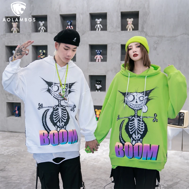 

Aolamegs Men's Hip Hop Hoodies Autumn Oversize Hooded Sweatshirts Horror Cat Print Pullover High Street Young Lovers Streetwear