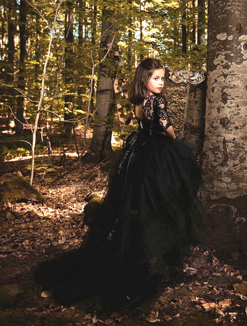 Black Girls Pageant Dress Lace Appliques Princess A Line High Low Half Sleeves Crystal Belt Tiered Flower Girls Dress
