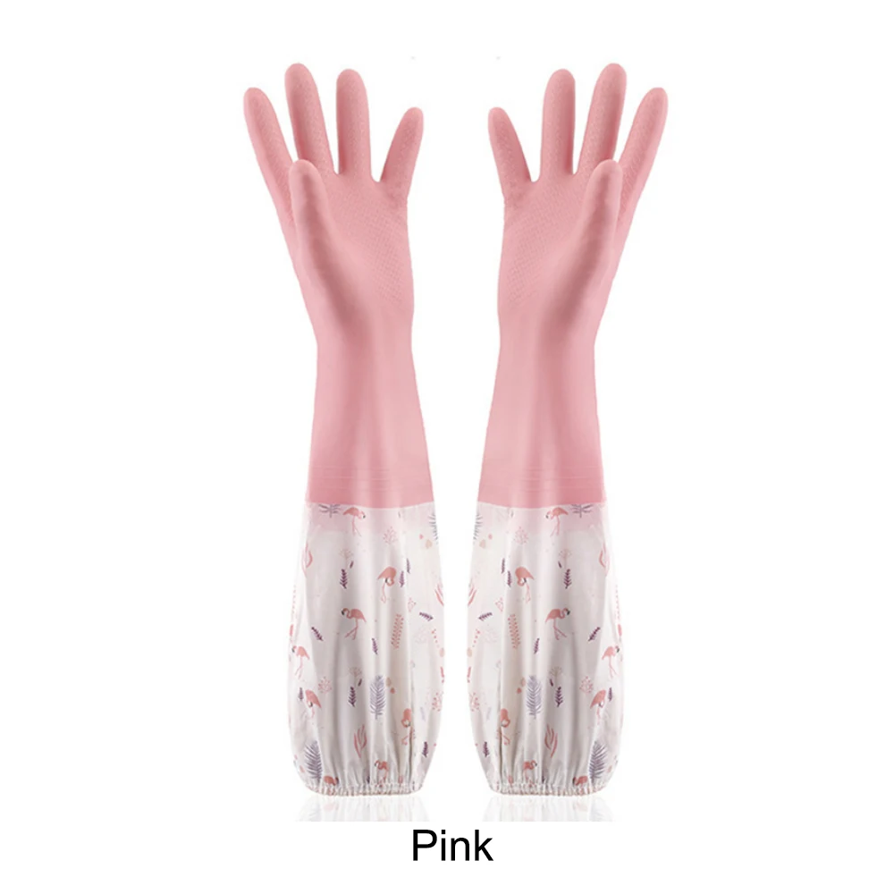 Pink Перчатки для мытья посуды, зимние, с длинным рукавом, водонепроницаемые, плюс бархат, утолщение, предотвращают обморожение, защитные перчатки, перчатки для чистки кухни - Цвет: Pink