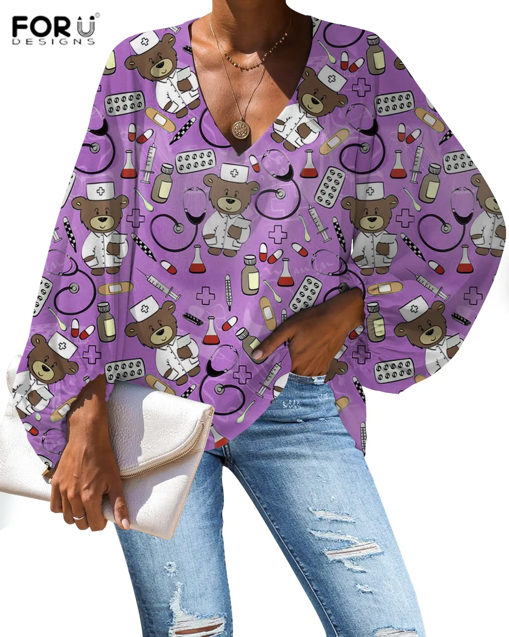 FORUDESIGNS Harajuku Shirt Women Cartoon Nurse Bear Printing Blouse Casual Loose Long Sleeve Shirt Tops Plus Size V-neck - Цвет: HXA115B2