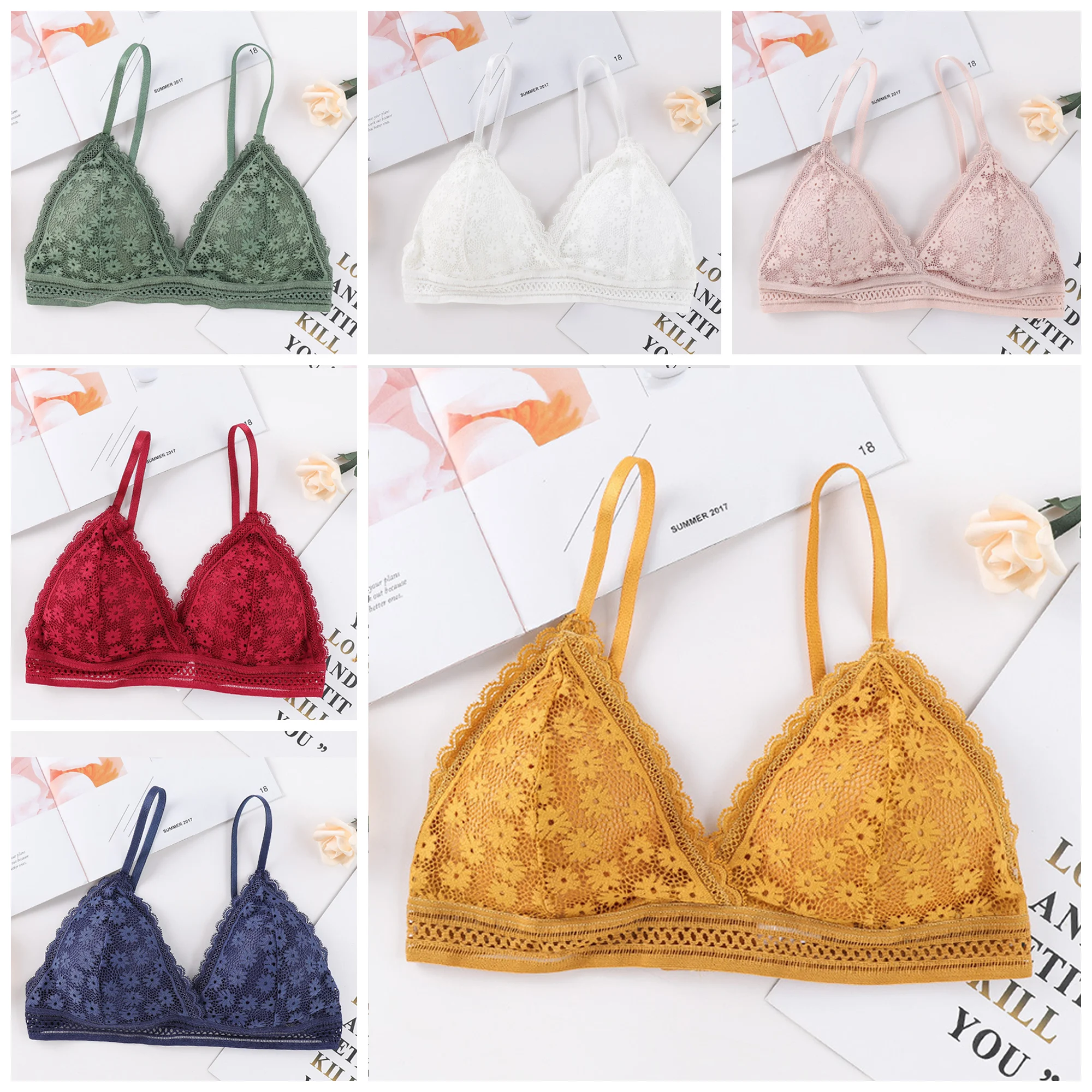 Sexy Floral Lace Bra Top For Women Push Up Female Lingerie Breathable Bralette Removable Pad Thin Wireless Bras 6