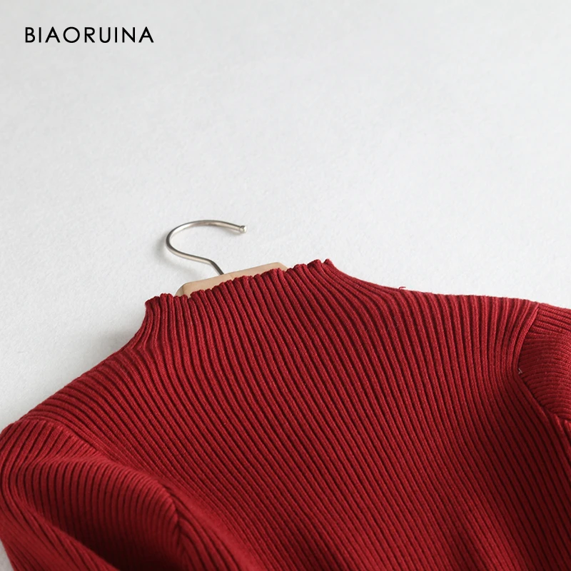 BIAORUINA, женское платье трапециевидной формы в Корейском стиле, модное, с высоким воротом, вязаное, с высокой талией, в клетку, Vestidos, до колена, для зимы