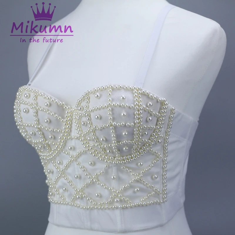 Черный белый жемчуг Bralet Corselet женский ночной клуб вечерние бюстье бюстгальтер обрезанный Топ Плюс Размер Camis Mujer - Цвет: Белый