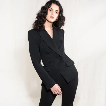 

Black High Fashion Long Sleeve Autumn Suits Women Custom Fit Pocket Button Solid Color Cotton Top Quality Two Piece Set 2019