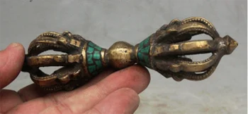 

Tibetan Buddhism Temple Bronze Inlay Turquoise Phurba Dagger Holder Statue 32%