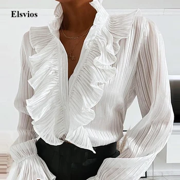 

Elegant Women Ruffle Neck Chiffon Blouse Spring Long Flare Sleeve Shirt Blouse Casual Summer Office Lady Button Tops Blusa Mujer