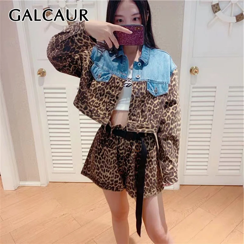 

GALCAUR Leopard Patchwork Two Piece Set Denim Lapel Collar Long Sleeve High Waist With Sashes Shorts Women's Sets 2019 Fashion