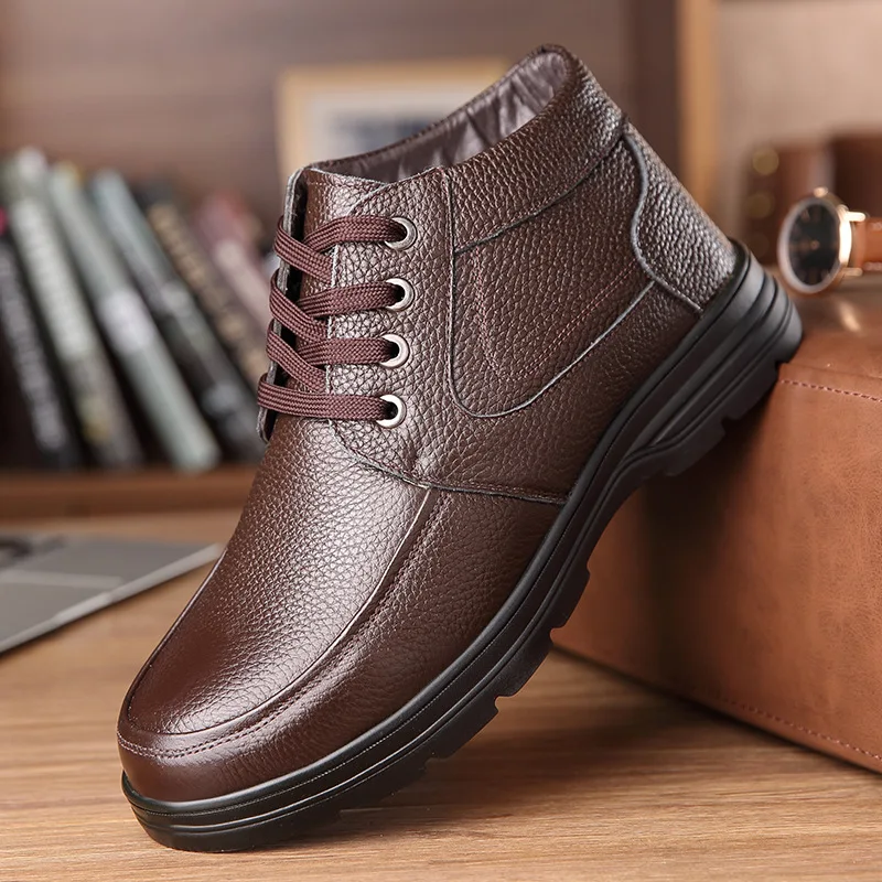 

Genuine Leather Boots Men Ankle Boots Winter High Top Male Snow Boots Keep Warm Men's Shoes H265