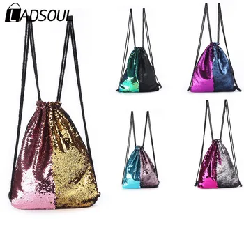 

LADSOUL 2019 Fashion New Ladies Backpack Mermaid Two-color Sequin Backpack Ladies Colorful Outdoor Drawstring Backpack