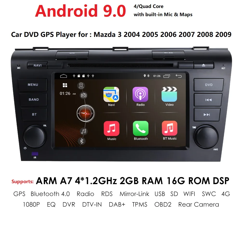 Android 9,0 подходит для мазда3 2004-2009 автомобильный монитор dvd-плеер навигация gps радио 2DIN 1024*600 четырехъядерный RDS 4G wifi BT CANBUS SWC