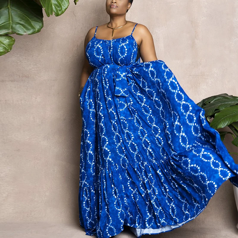 

Women Maxi Dress Spaghetti Strap Backless Solid Color V-Neck Sleeveless Print Casual Loose Summer Party Club Dress