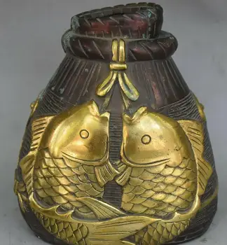 

Marked China Bronze Gilt Wealth Fish Barracuda Money Bag Vase Bottle Statue