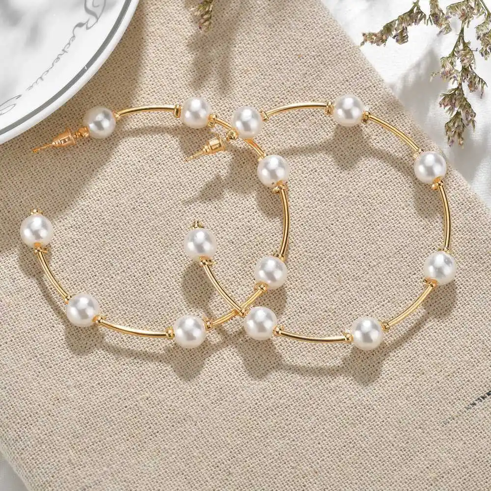 New Fashion Large Pearl Hoop Earrings for Women Female Exaggerated Big Circle Brincos Vintage Earrings Jewelry Party Gifts