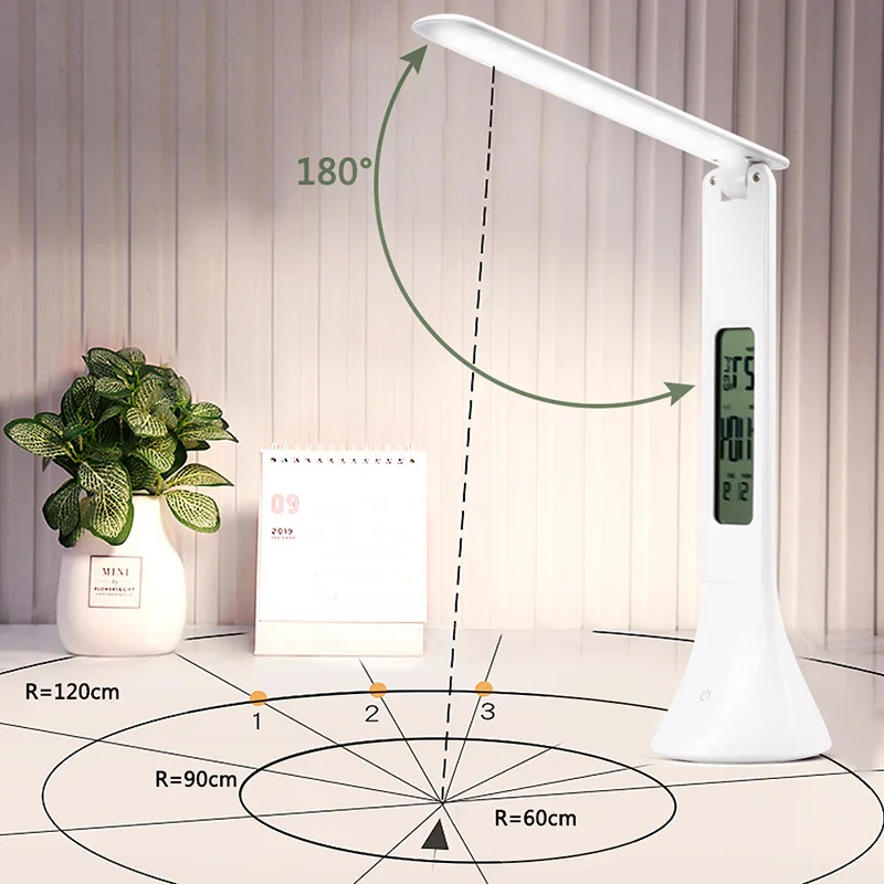 LED Desk Lamp Foldable Touching 3-Level Dimmable with Digital Calendar Temperature Alarm Clock Reading Table Lamps