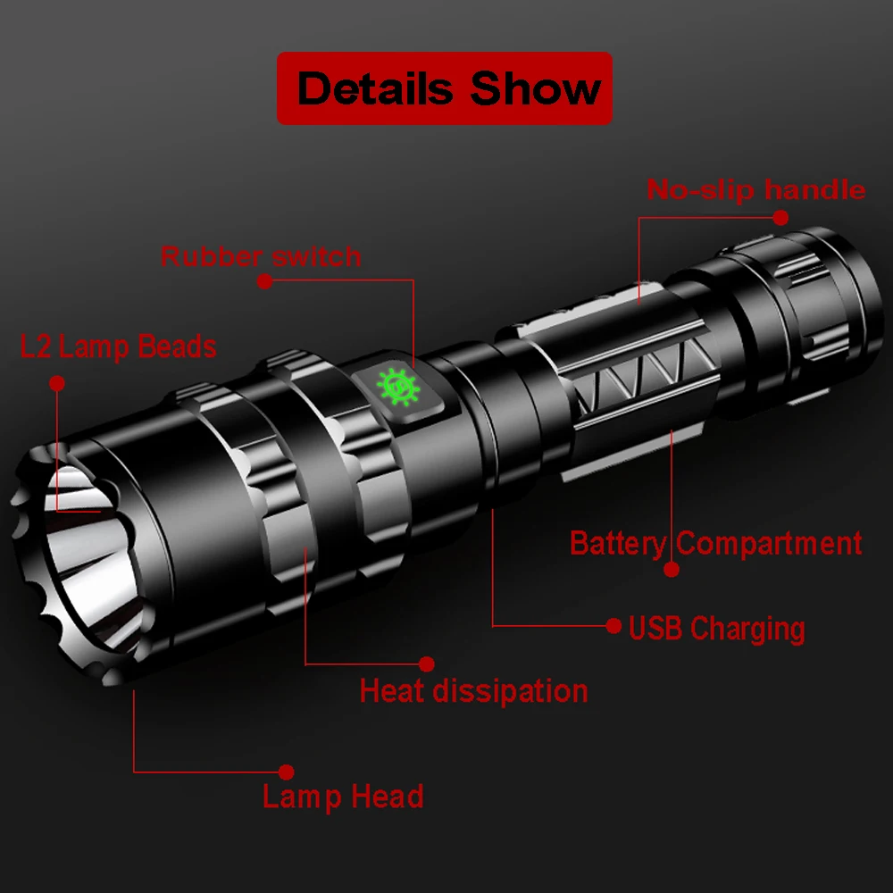 Тактический светодиодный светильник-вспышка с подзарядкой от USB L2, светильник-вспышка, ультра яркий фонарь с креплением для оружия, 18650 Алюминиевый Водонепроницаемый охотничий светильник