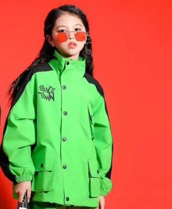 Green Jacket Детская одежда для выступлений в стиле хип-хоп; куртка с карманами; Топ; пальто; повседневные брюки-карго для бега для девочек и мальчиков; танцевальный костюм в стиле джаз; одежда - Цвет: Green Jacket