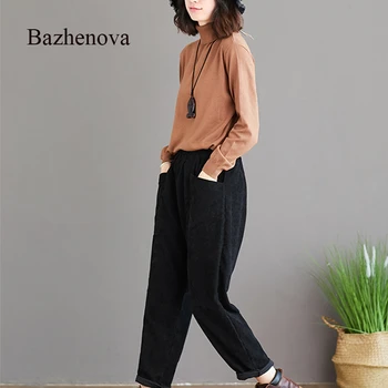 

Bazhenova Women Corduroy Pants Girls Winter Loose Solid Color Harem Pants Woman Casual Elegant Elastic Waist Trousers R215