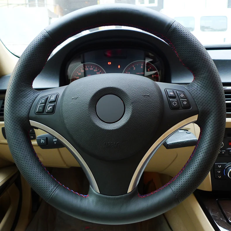 

Cowhide Top Layer Leather handmade Sewing Steering wheel covers protect For BMW E90 320i 325i 330i 335i E87 120i 130i 120d