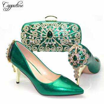 

Excellent Green Spring/Autumn Thin Heel Shoes And Clutch Handbag Set Decorated With Stones CR890, Heel Height 8CM, 5Color