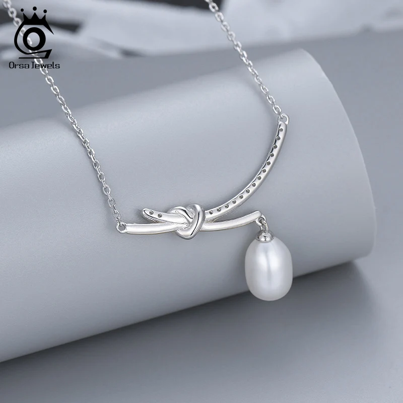 ORSA JEWELS 8*10mm White Natural Freshwater Pearl Pendants Necklaces 925 Silver Gold Plated Knot Zirconia Clavicle Chain GPN01 - Image 4